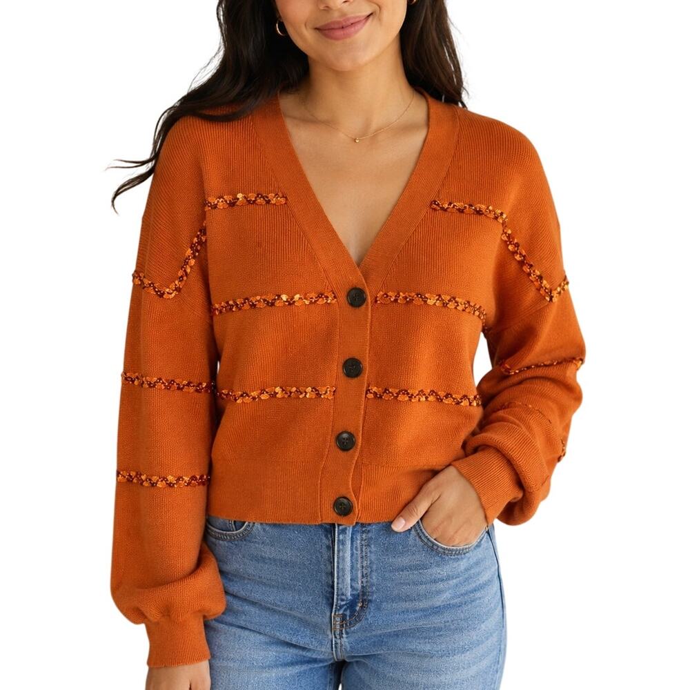 Grace Karin Pumpkin Orange Sequin Cardigan S NWT Cozy Fall